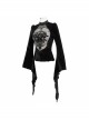 High Collar Front Chest Splice Mesh Embroidered Flare Sleeve Black Gothic T-Shirt