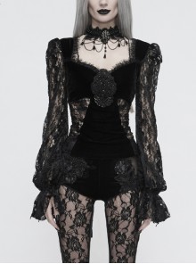 Front Chest Decals Lantern Sleeve Lace Cuff Back  Lace-Up Black Gothic Knitted Velvet T-Shirt