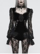 Front Chest Decals Lantern Sleeve Lace Cuff Back  Lace-Up Black Gothic Knitted Velvet T-Shirt
