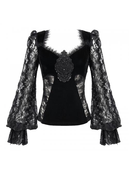 Front Chest Decals Lantern Sleeve Lace Cuff Back  Lace-Up Black Gothic Knitted Velvet T-Shirt