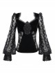 Front Chest Decals Lantern Sleeve Lace Cuff Back  Lace-Up Black Gothic Knitted Velvet T-Shirt