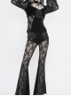 Front Chest Decals Lantern Sleeve Lace Cuff Back  Lace-Up Black Gothic Knitted Velvet T-Shirt