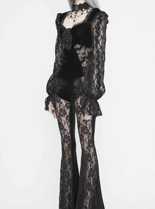 Front Chest Decals Lantern Sleeve Lace Cuff Back  Lace-Up Black Gothic Knitted Velvet T-Shirt