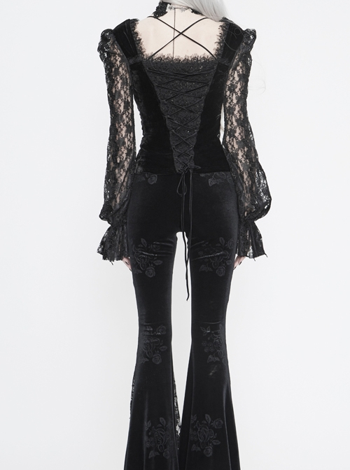 Front Chest Decals Lantern Sleeve Lace Cuff Back  Lace-Up Black Gothic Knitted Velvet T-Shirt