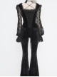 Front Chest Decals Lantern Sleeve Lace Cuff Back  Lace-Up Black Gothic Knitted Velvet T-Shirt