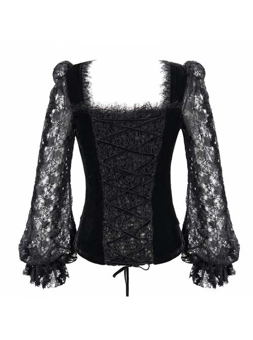 Front Chest Decals Lantern Sleeve Lace Cuff Back  Lace-Up Black Gothic Knitted Velvet T-Shirt