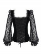 Front Chest Decals Lantern Sleeve Lace Cuff Back  Lace-Up Black Gothic Knitted Velvet T-Shirt