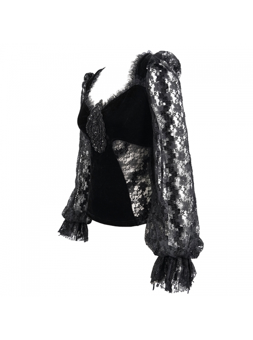 Front Chest Decals Lantern Sleeve Lace Cuff Back  Lace-Up Black Gothic Knitted Velvet T-Shirt