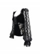 Front Chest Decals Lantern Sleeve Lace Cuff Back  Lace-Up Black Gothic Knitted Velvet T-Shirt