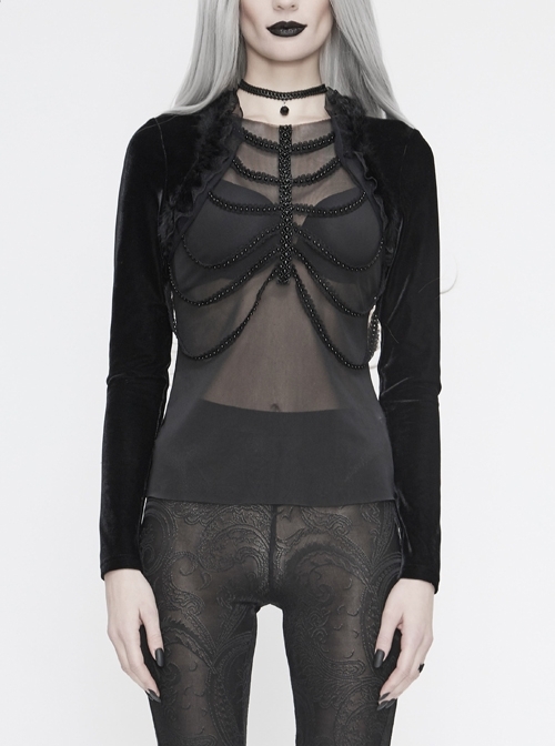 Front Beads Chain Decoration Velvet Frill Shawl Black Gothic Mesh T-Shirt