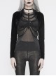 Front Beads Chain Decoration Velvet Frill Shawl Black Gothic Mesh T-Shirt