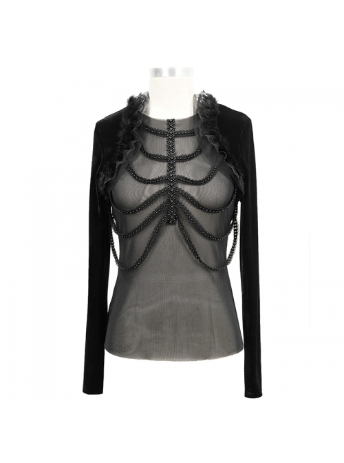 Front Beads Chain Decoration Velvet Frill Shawl Black Gothic Mesh T-Shirt