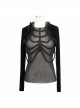 Front Beads Chain Decoration Velvet Frill Shawl Black Gothic Mesh T-Shirt