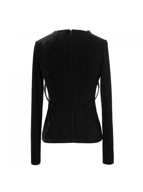 Front Beads Chain Decoration Velvet Frill Shawl Black Gothic Mesh T-Shirt