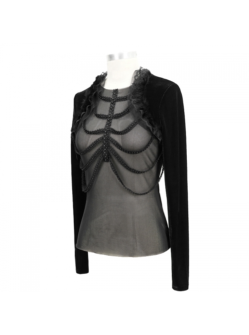 Front Beads Chain Decoration Velvet Frill Shawl Black Gothic Mesh T-Shirt