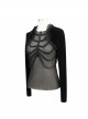 Front Beads Chain Decoration Velvet Frill Shawl Black Gothic Mesh T-Shirt