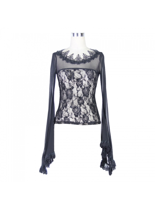 Black Gothic Lace Collar Big Flare Sleeve Rose Lace Mesh T-Shirt