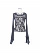 Black Gothic Lace Collar Big Flare Sleeve Rose Lace Mesh T-Shirt