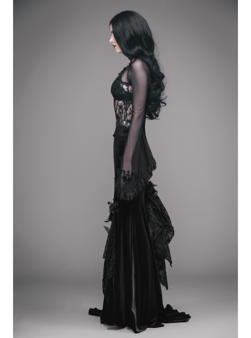 Black Gothic Lace Collar Big Flare Sleeve Rose Lace Mesh T-Shirt