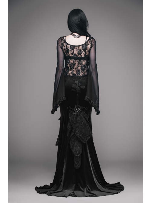 Black Gothic Lace Collar Big Flare Sleeve Rose Lace Mesh T-Shirt