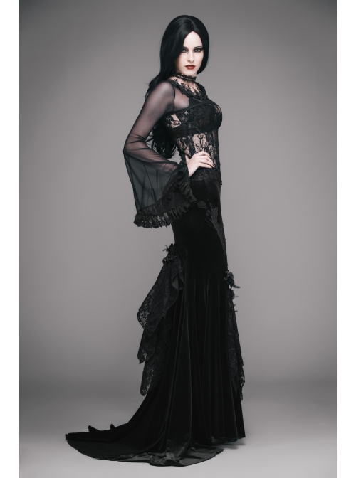 Black Gothic Lace Collar Big Flare Sleeve Rose Lace Mesh T-Shirt