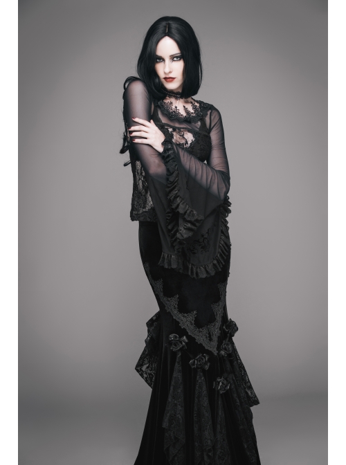 Black Gothic Lace Collar Big Flare Sleeve Rose Lace Mesh T-Shirt