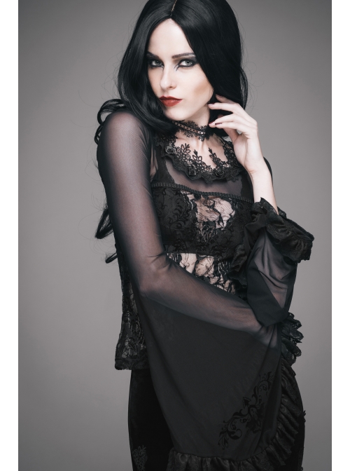 Black Gothic Lace Collar Big Flare Sleeve Rose Lace Mesh T-Shirt