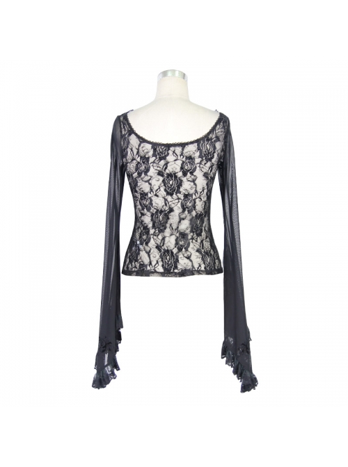 Black Gothic Lace Collar Big Flare Sleeve Rose Lace Mesh T-Shirt