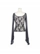 Black Gothic Lace Collar Big Flare Sleeve Rose Lace Mesh T-Shirt