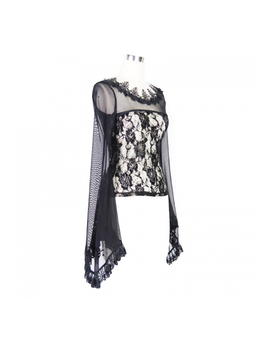 Black Gothic Lace Collar Big Flare Sleeve Rose Lace Mesh T-Shirt
