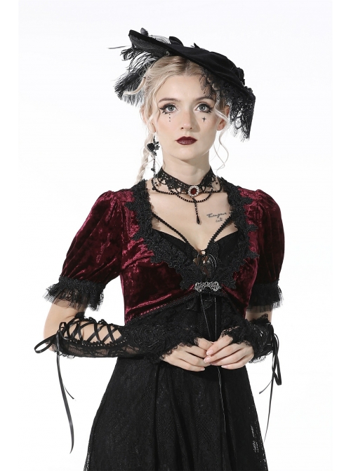Wine Red Gothic Luxe Diamond Velvet Elegant Sexy Short-Sleeves Cape