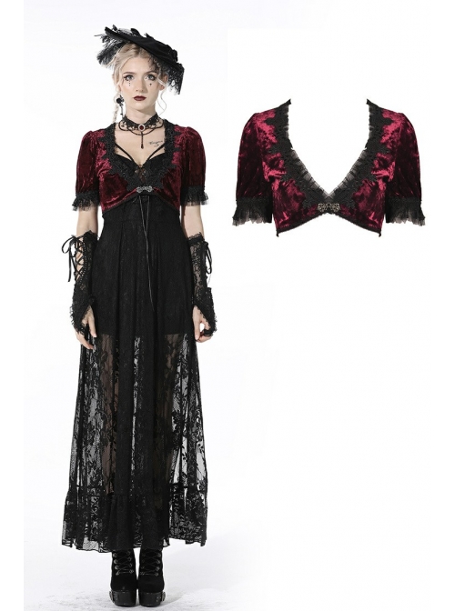 Wine Red Gothic Luxe Diamond Velvet Elegant Sexy Short-Sleeves Cape