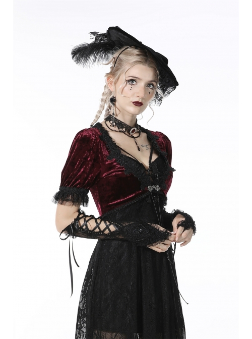 Wine Red Gothic Luxe Diamond Velvet Elegant Sexy Short-Sleeves Cape