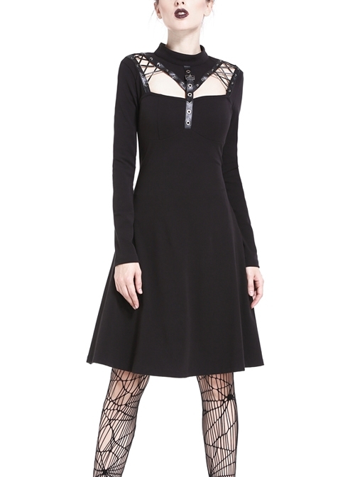 Punk Cool Black Hollow Lace-Up Clasp Cotton Midi Dress