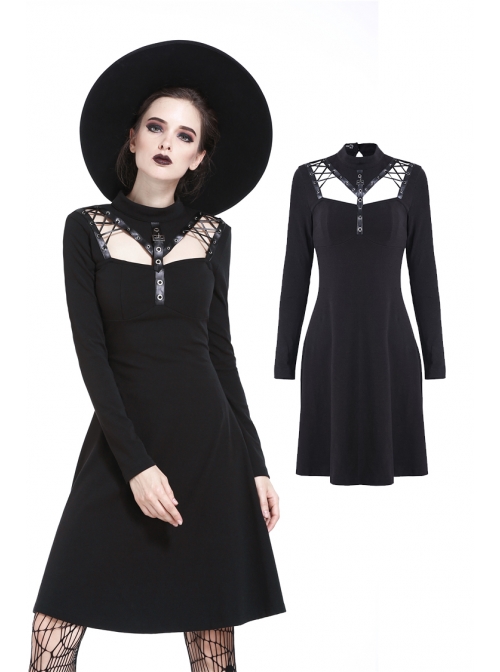 Punk Cool Black Hollow Lace-Up Clasp Cotton Midi Dress