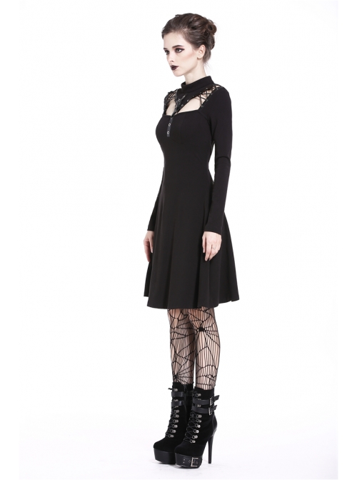 Punk Cool Black Hollow Lace-Up Clasp Cotton Midi Dress - Magic Wardrobes