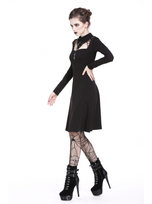 Punk Cool Black Hollow Lace-Up Clasp Cotton Midi Dress
