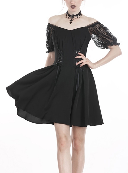 Black Gothic Lolita Lace Waist Polyester Lace-Up Chiffon Dress