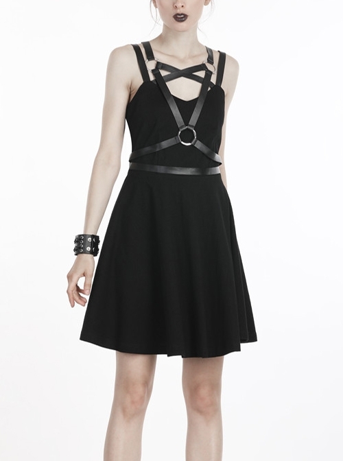 Punk Black Faux Leather Shoulder Strap Cotton Sleeveless Midi Dress