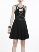 Punk Black Faux Leather Shoulder Strap Cotton Sleeveless Midi Dress