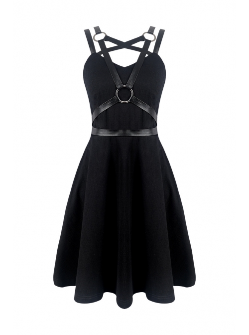 Punk Black Faux Leather Shoulder Strap Cotton Sleeveless Midi Dress