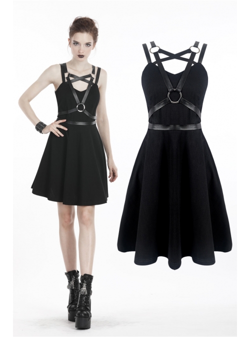 Punk Black Faux Leather Shoulder Strap Cotton Sleeveless Midi Dress