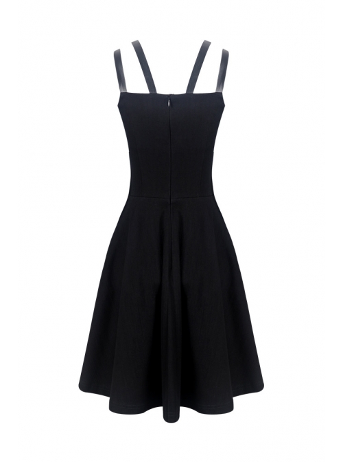 Punk Black Faux Leather Shoulder Strap Cotton Sleeveless Midi Dress