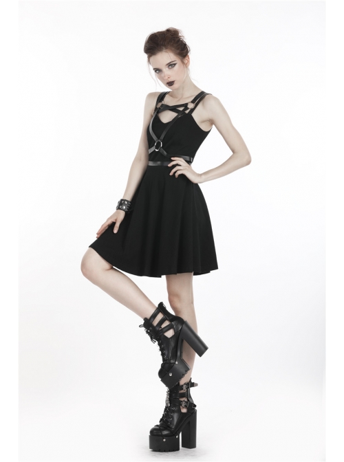 Punk Black Faux Leather Shoulder Strap Cotton Sleeveless Midi Dress