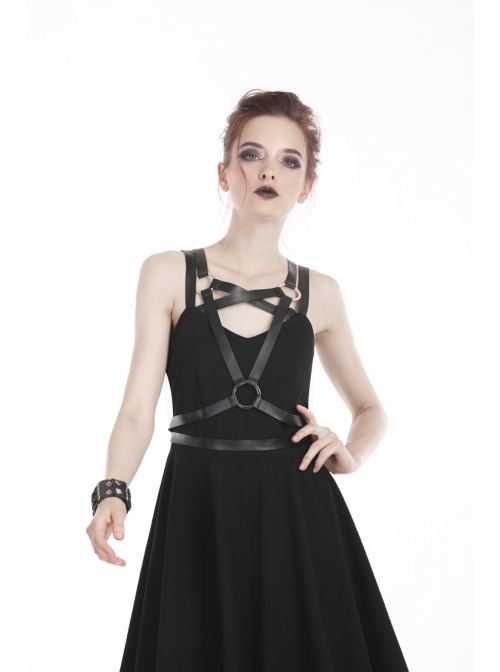 Punk Black Faux Leather Shoulder Strap Cotton Sleeveless Midi Dress