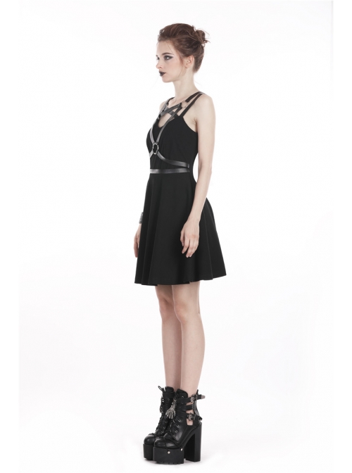 Punk Black Faux Leather Shoulder Strap Cotton Sleeveless Midi Dress