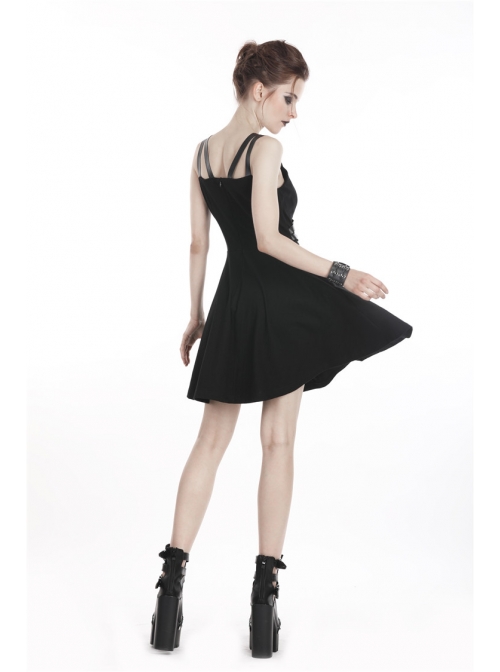 Punk Black Faux Leather Shoulder Strap Cotton Sleeveless Midi Dress