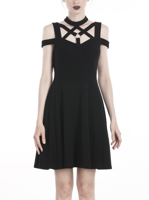 Black Punk Sexy Hollow Cotton Cross Strap Ring Belt Dress