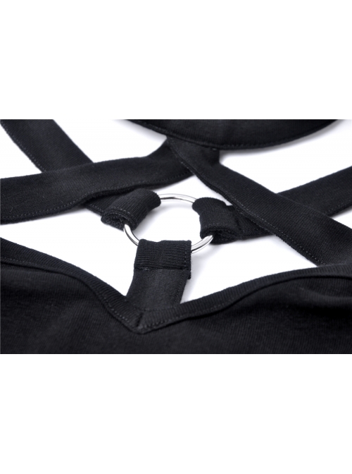 Black Punk Sexy Hollow Cotton Cross Strap Ring Belt Dress