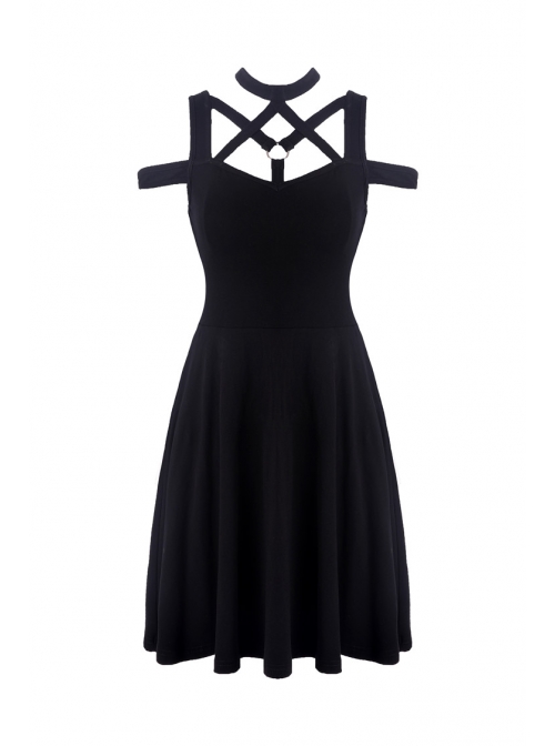 Black Punk Sexy Hollow Cotton Cross Strap Ring Belt Dress